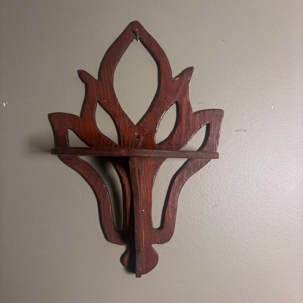 Vintage Hand Carved Wood Wall Shelf Ornate Cutout Fretwork Sconce 9.5" X 13”